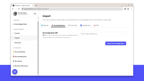 Interface of the Answerly chatbot answer editor dashboard.