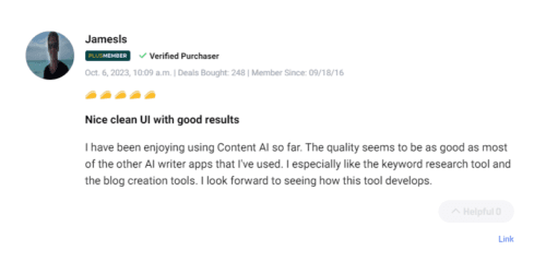 Positive user review regarding the GoZen Content AI lifetime deal