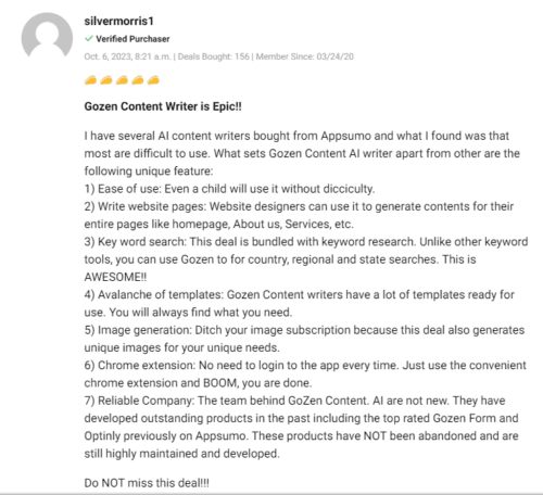 Customer testimonial praising the efficiency of GoZen Content AI software