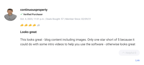 Positive user review highlighting key features of GoZen Content.Ai.