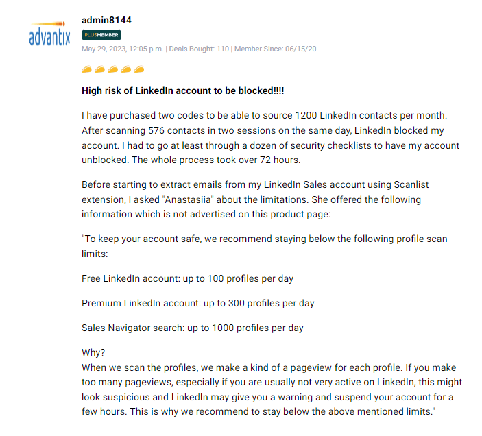 Customer review discussing the efficiency of Scanlist lead generation