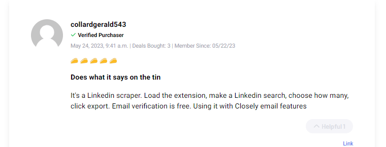 Positive customer review and five-star rating for Scanlist marketing software.