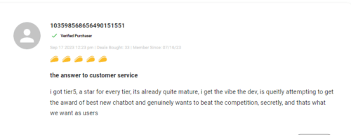 Positive customer review highlighting Answerly chatbot performance.