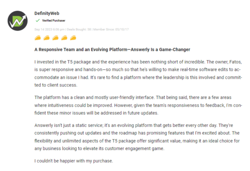 Customer feedback rating Answerly customer support highly.