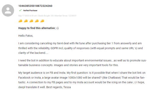 Customer reviews and ratings showing feedback for Answerly chatbot.