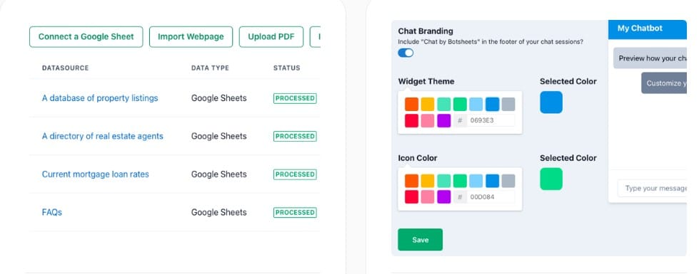 Settings menu for training and customizing the AI chatbot responses