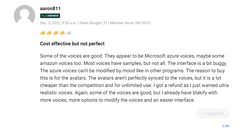 Positive customer review highlighting Synthesys AI Studio lifetime deal benefits