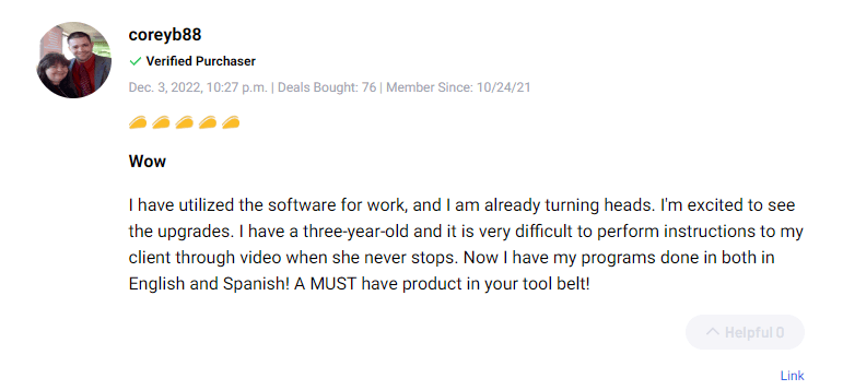Verified user testimonial praising natural voice quality and video features