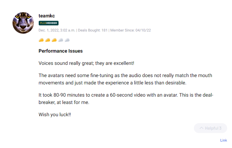 Five-star customer feedback regarding Synthesys AI Studio performance on AppSumo