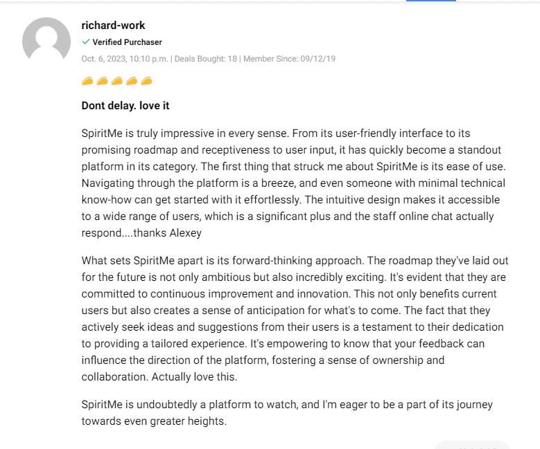 User review and feedback on Spiritme lifetime deal performance