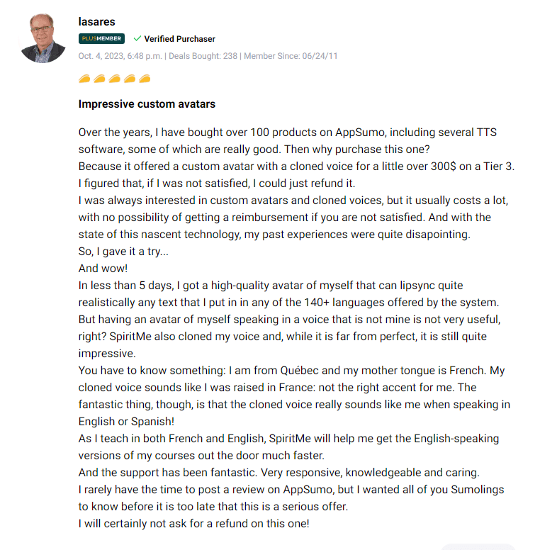 Customer testimonial praising Spiritme AI avatar video quality