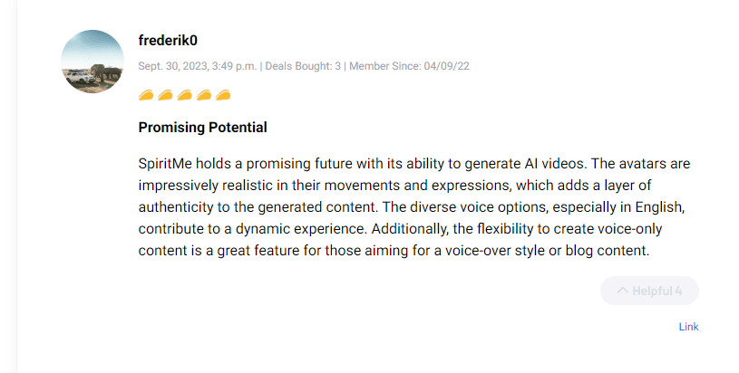 Positive user rating and review for Spiritme video creator