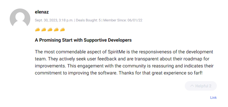 Satisfied customer feedback regarding Spiritme AppSumo lifetime deal