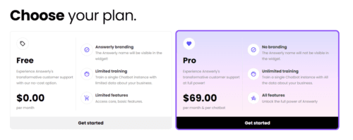Official subscription pricing plans for Answerly chatbot.