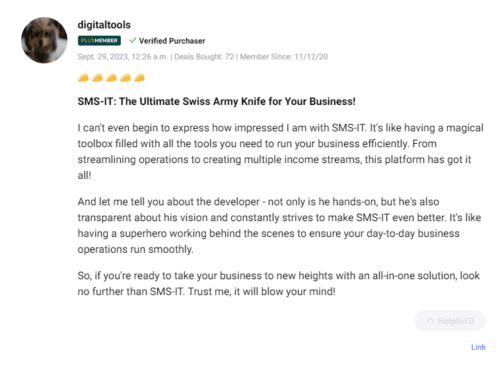 Customer testimonial praising the features of the SMS-iT CRM deal.