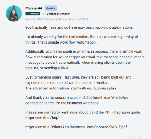 Five-star AppSumo review discussing the value of SMS-iT CRM.