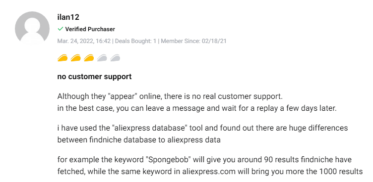 Customer rating and feedback regarding FindNiche product research capabilities