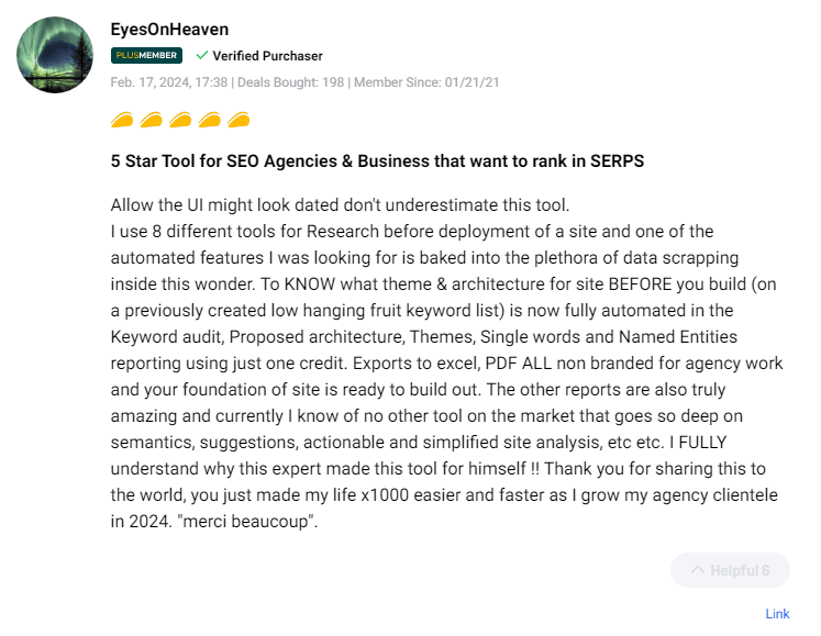 User testimonials and ratings for the Textfocus keyword research tool