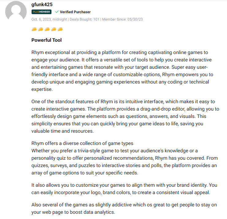 Positive customer reviews and ratings for Rhym gamified marketing software.