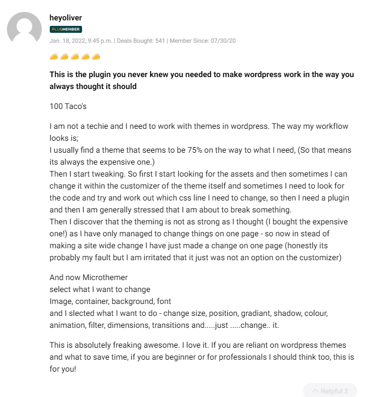 User feedback detailing time saved using Microthemer for design