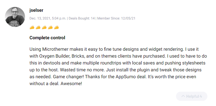 Positive customer feedback for Microthemer WordPress design tool lifetime deal