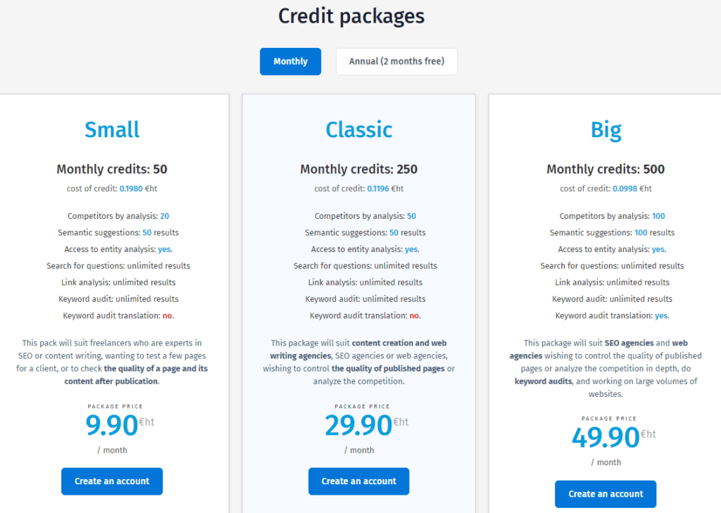 Official pricing table showing different monthly subscription plans for Textfocus