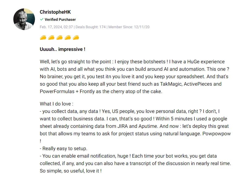 Detailed review from a satisfied user of the Botsheets platform