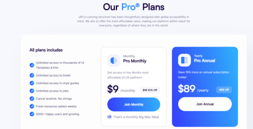 Official pricing plans listed on the UIFry website