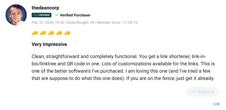 Positive customer testimonial regarding the Linke lifetime deal software