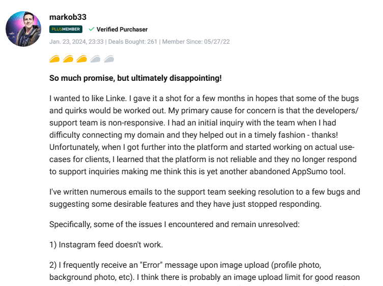 Customer review praising the ease of use of Linke management