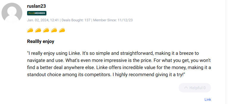 Fourth user testimonial endorsing the value of Linke lifetime deal