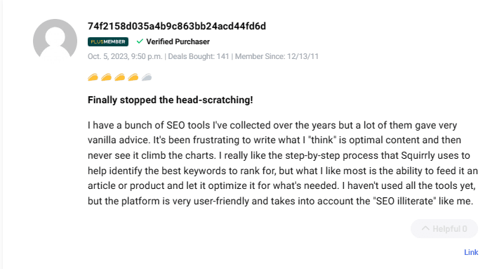 Positive user review and testimonial about the Squirrly SEO lifetime deal