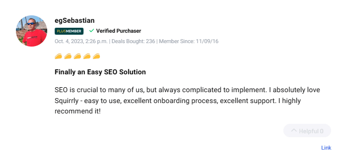 Customer feedback highlighting the benefits of Squirrly SEO features