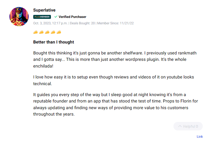 Positive customer testimonial about the Squirrly SEO lifetime deal