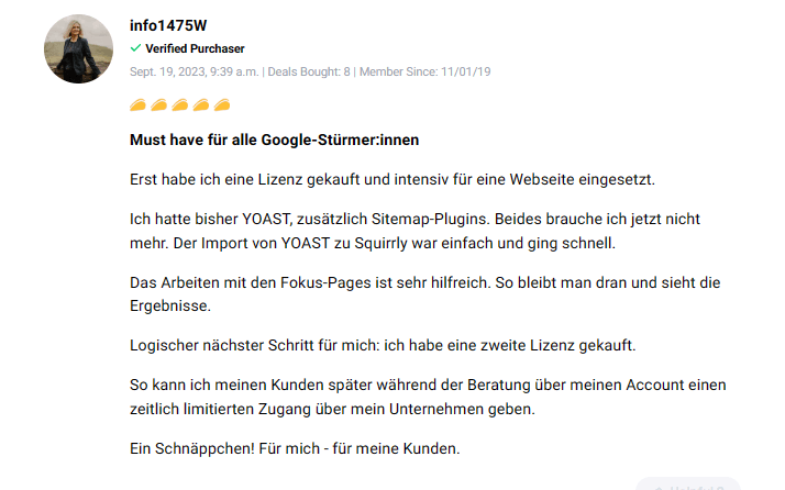 Satisfied client sharing their success with Squirrly SEO optimization tools