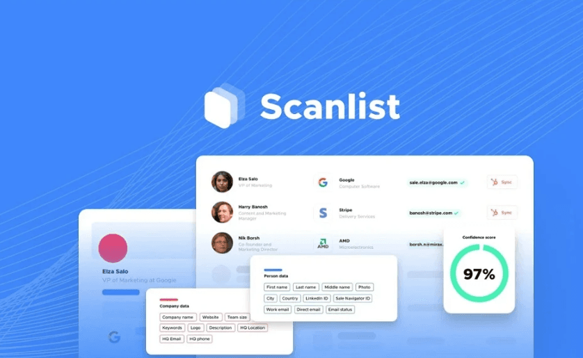 Scanlist platform interface showing lead generation and contact management features